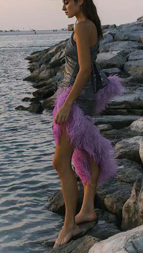 AIIZIE SEQUIN FEATHER HIGH-LOW DRESS IN SLIVER - product image