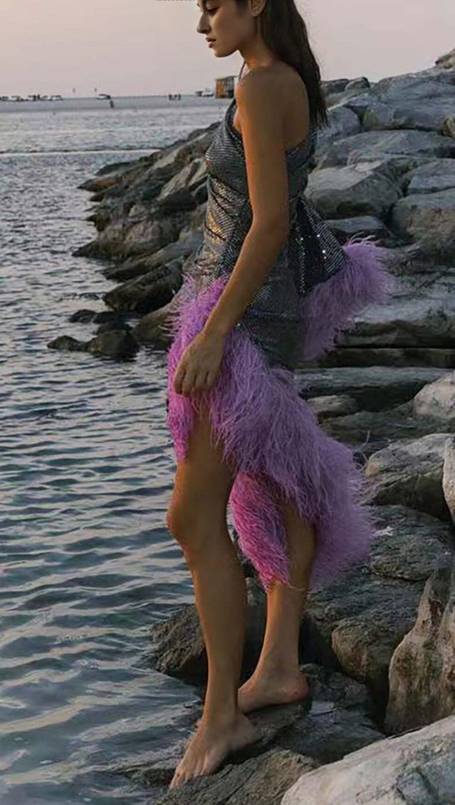 SEQUIN FEATHER HIGH-LOW DRESS IN SLIVER