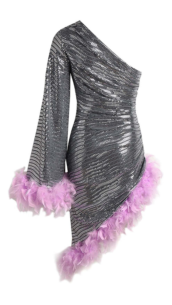 AIIZIE SEQUIN FEATHER HIGH-LOW DRESS IN SLIVER - product image