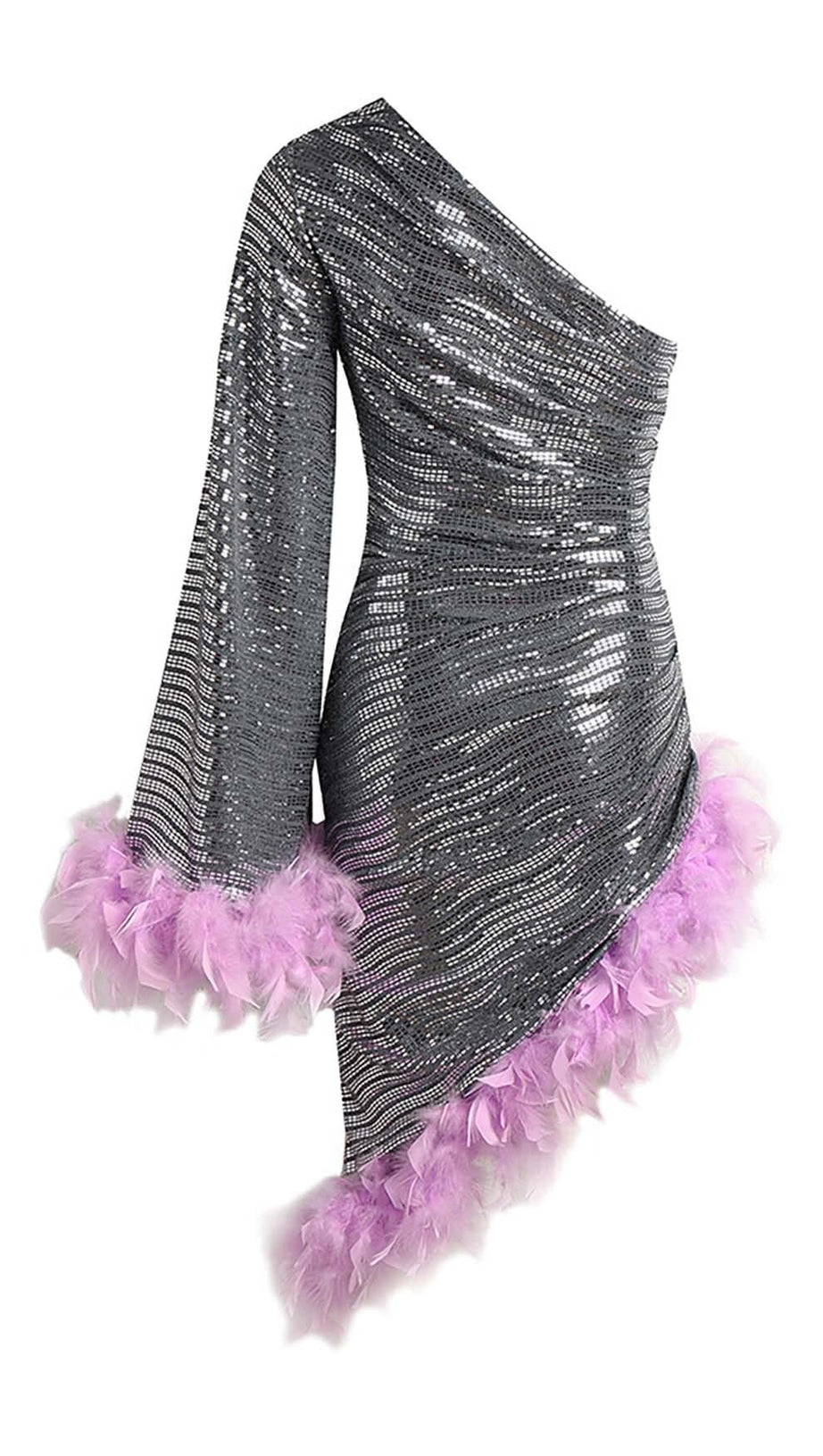SEQUIN FEATHER HIGH-LOW DRESS IN SLIVER