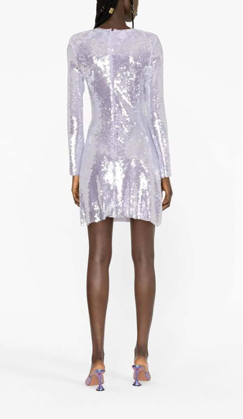 SEQUIN LONG SLEEVE MINI DRESS IN LILAC