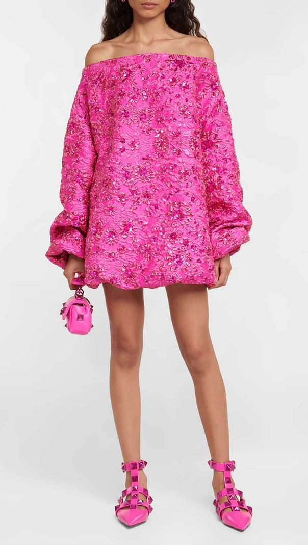 AIIZIE SEQUIN OFF SHOULDER MINI DRESS IN RED - product image
