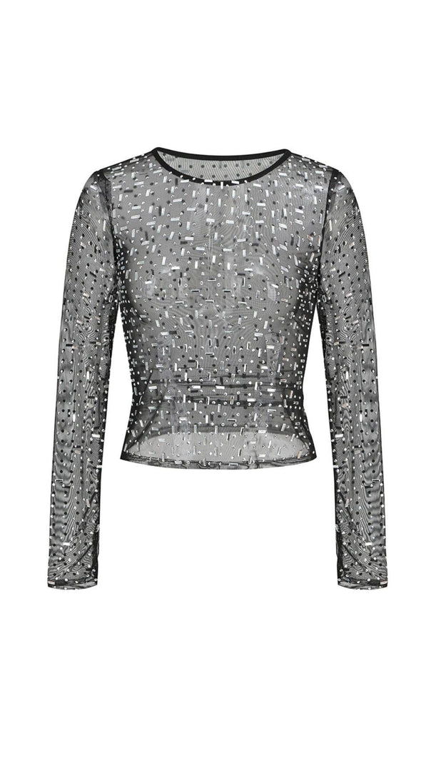 AIIZIE SEQUIN RHINESTONE MESH TOP IN BLACK - product image