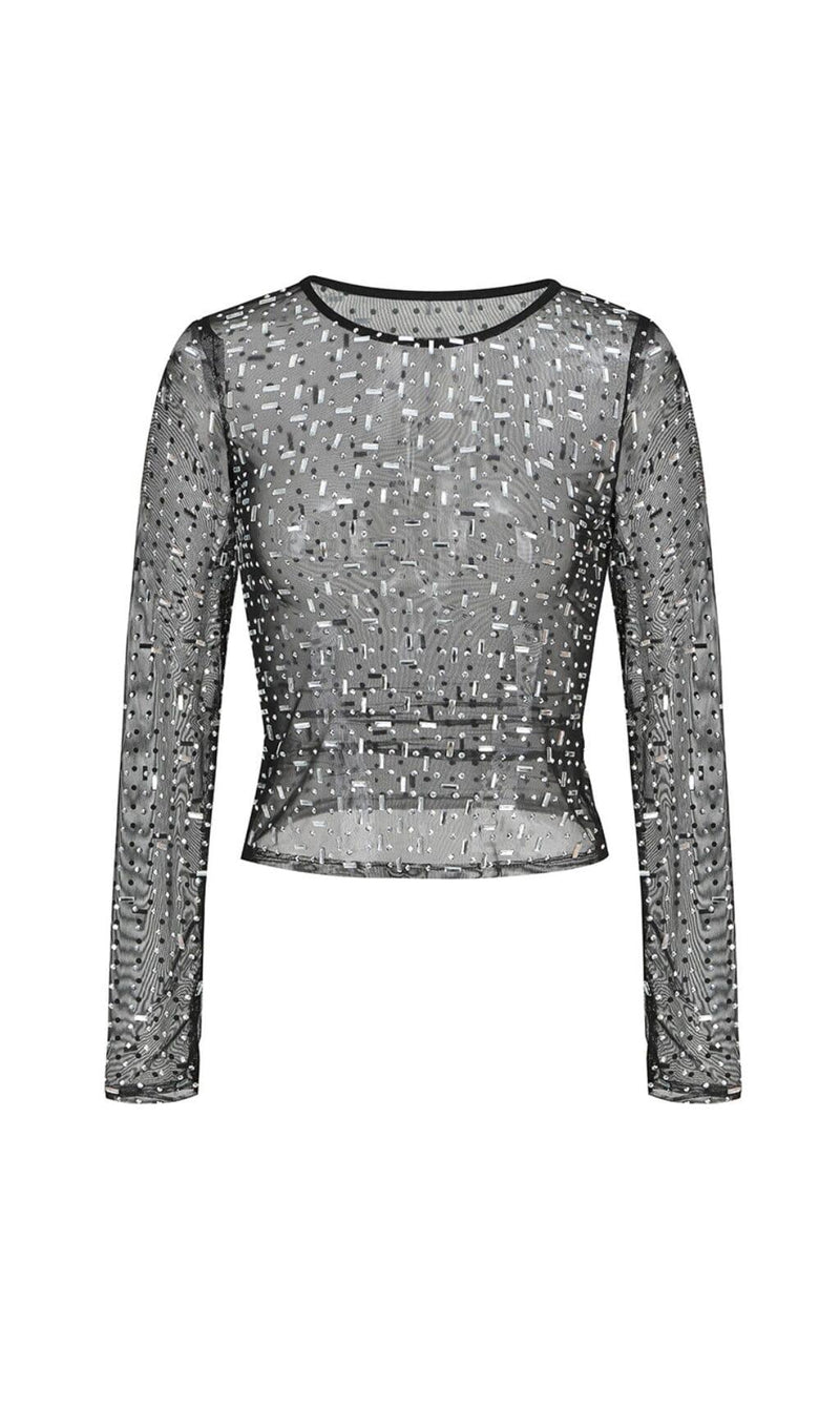 SEQUIN RHINESTONE MESH TOP IN BLACK