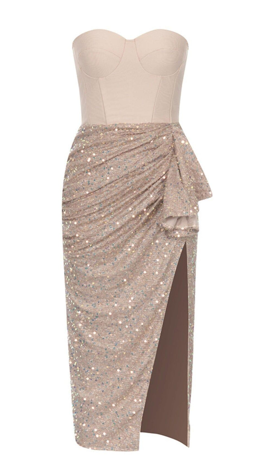 ABITO MIDI CON SPACCO E RUCHES DI PAILLETTES IN ORO