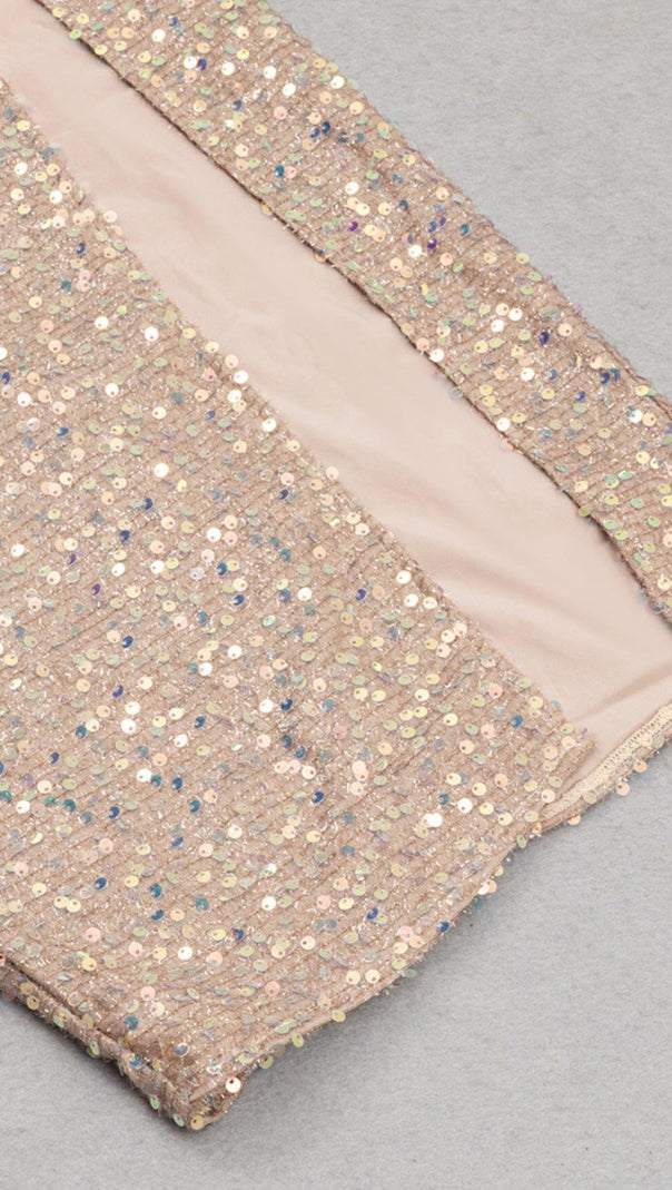 AIIZIE SEQUIN RUCHED SLIT MIDI DRESS IN GOLD - product image