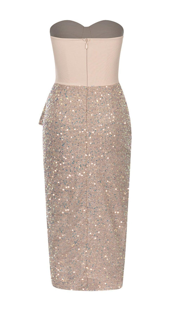 AIIZIE SEQUIN RUCHED SLIT MIDI DRESS IN GOLD - product image
