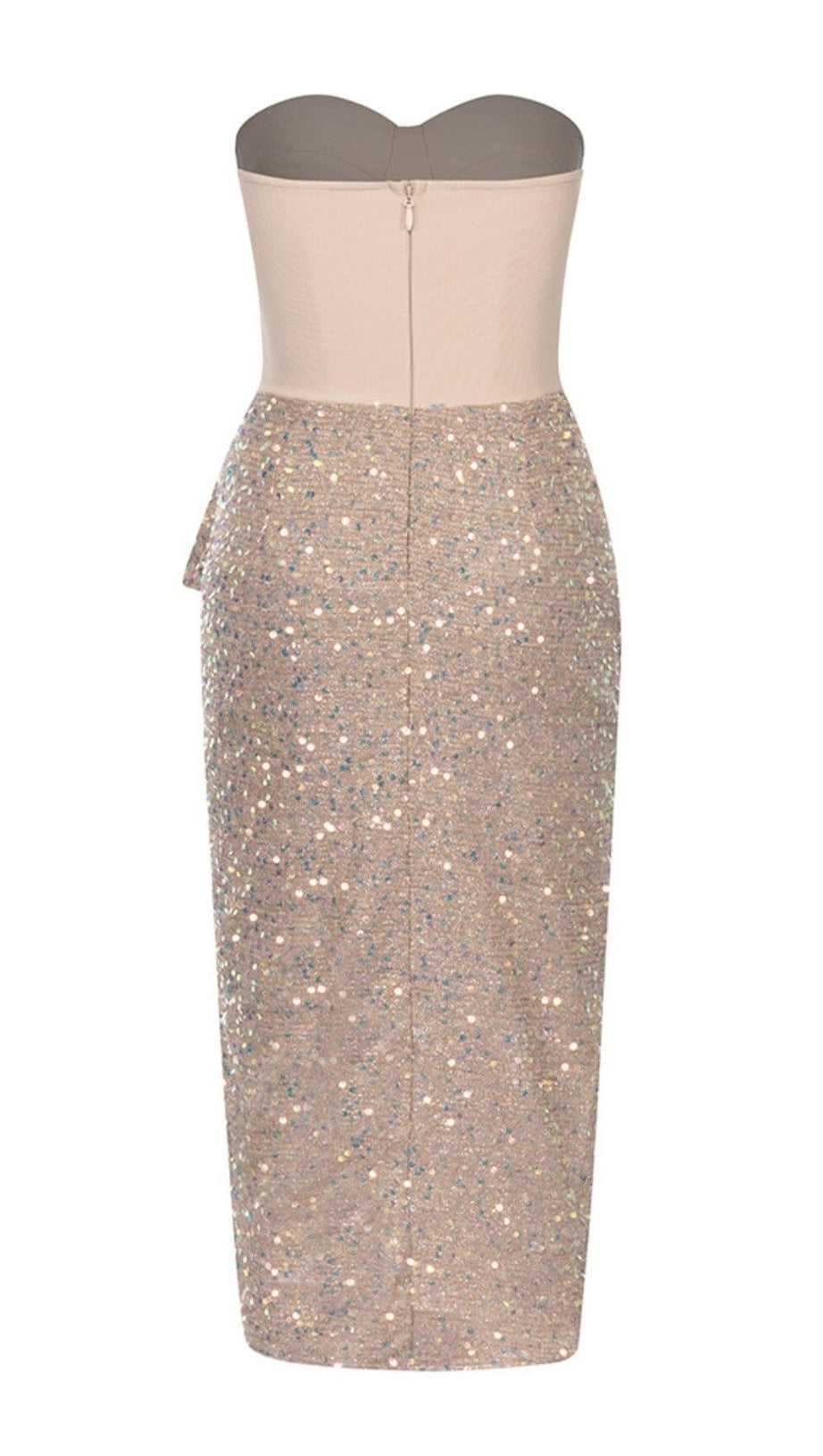 ABITO MIDI CON SPACCO E RUCHES DI PAILLETTES IN ORO