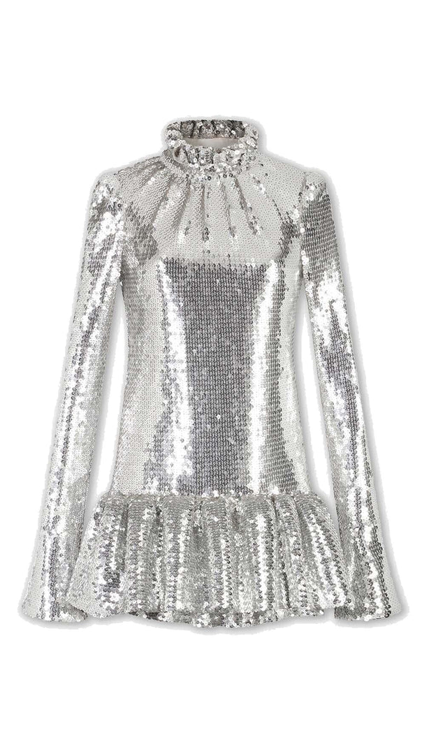 AIIZIE SEQUIN RUFFLE MINI DRESS IN METALLIC SILVER - product image