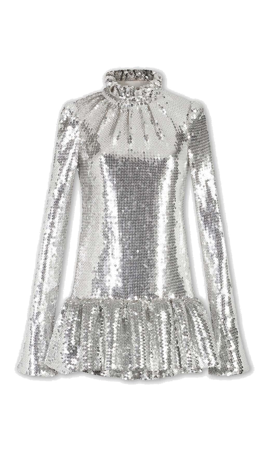 SEQUIN RUFFLE MINI DRESS IN METALLIC SILVER