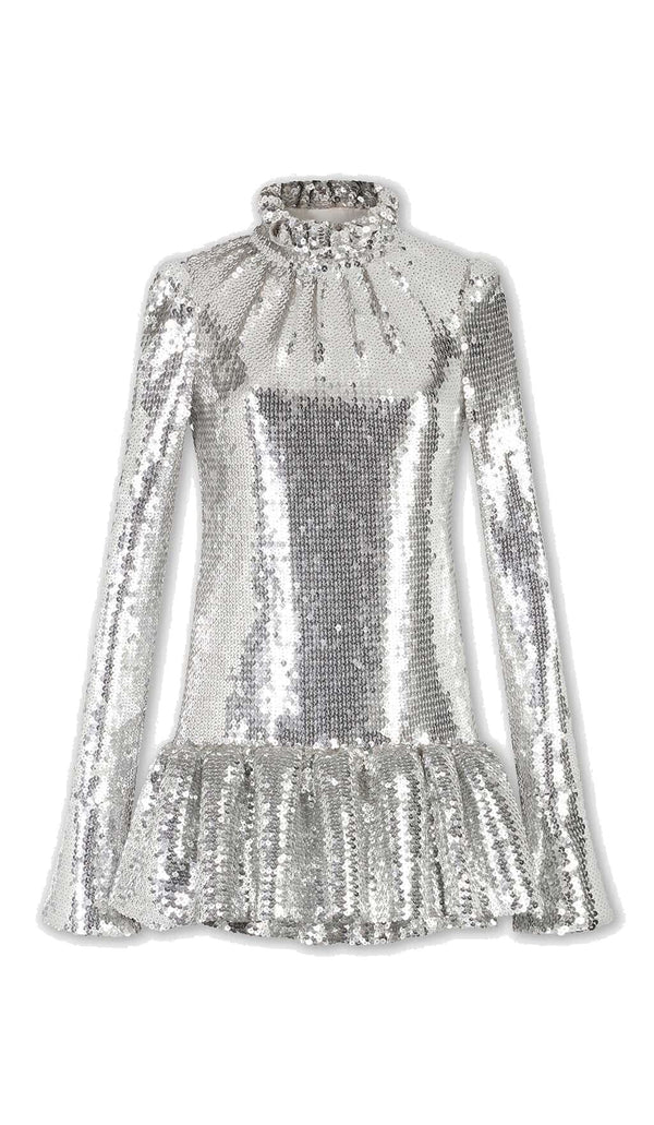 SEQUIN RUFFLE MINI DRESS IN METALLIC SILVER