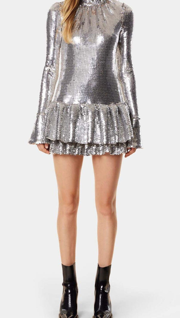 AIIZIE SEQUIN RUFFLE MINI DRESS IN METALLIC SILVER - product image
