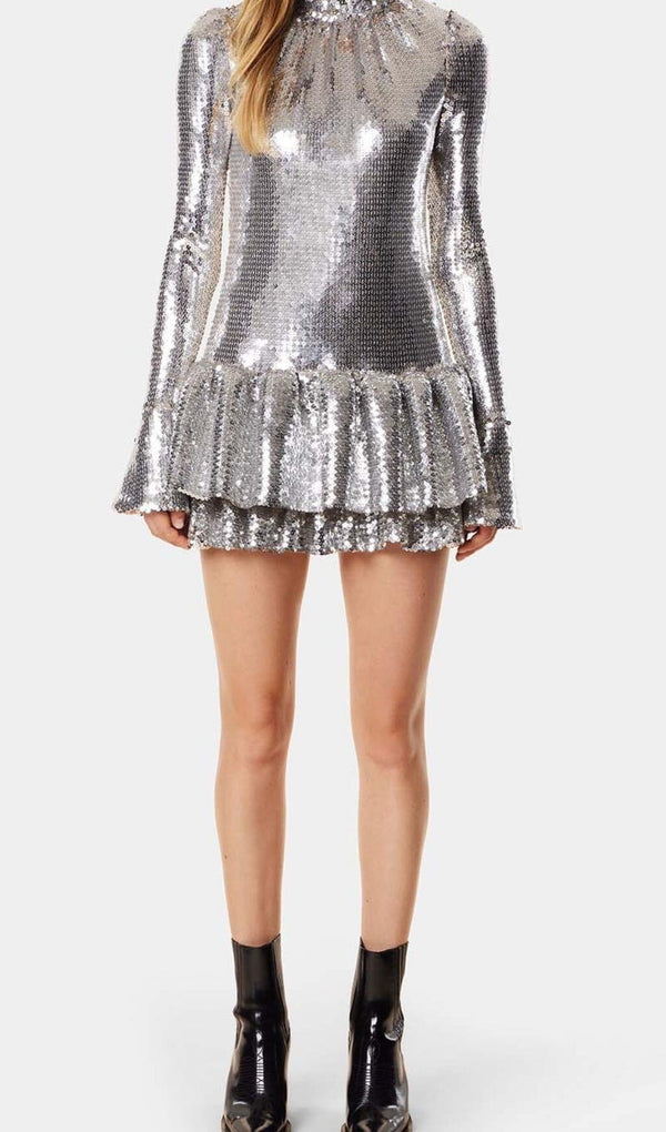 SEQUIN RUFFLE MINI DRESS IN METALLIC SILVER