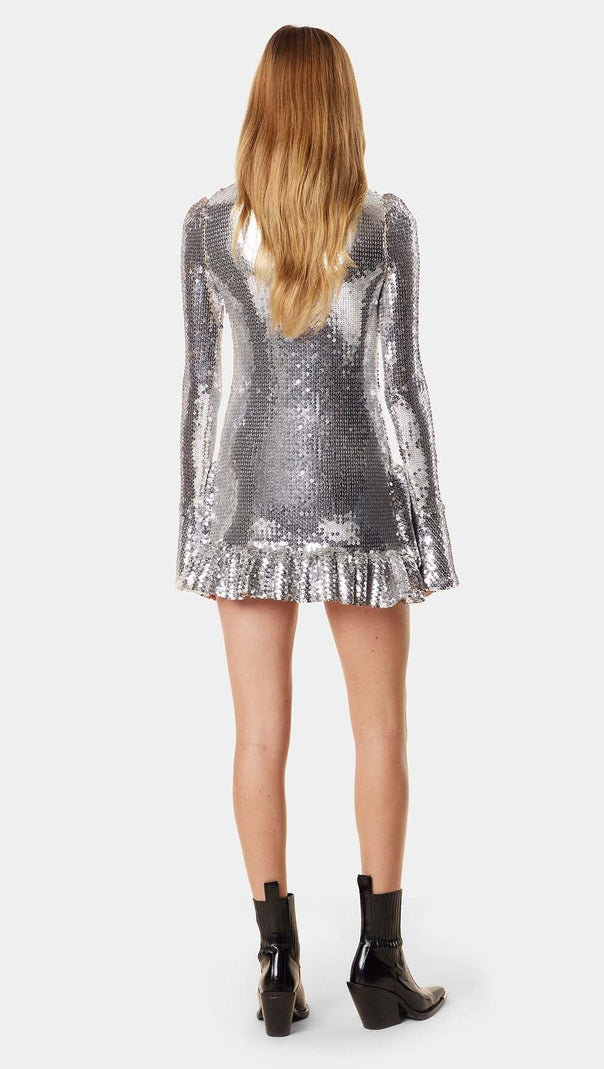 AIIZIE SEQUIN RUFFLE MINI DRESS IN METALLIC SILVER - product image