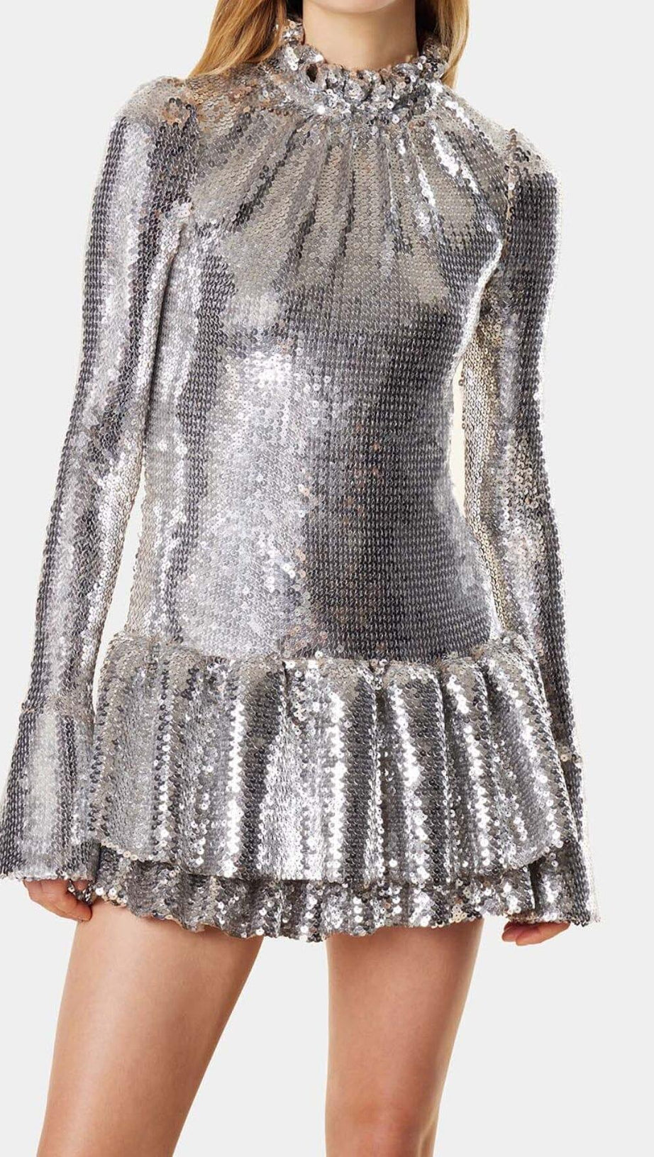 SEQUIN RUFFLE MINI DRESS IN METALLIC SILVER
