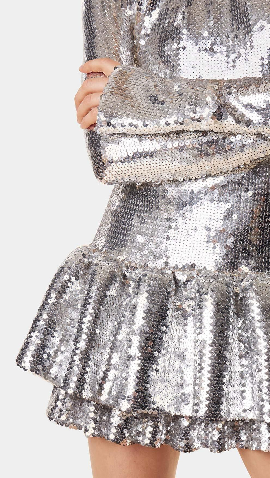 SEQUIN RUFFLE MINI DRESS IN METALLIC SILVER