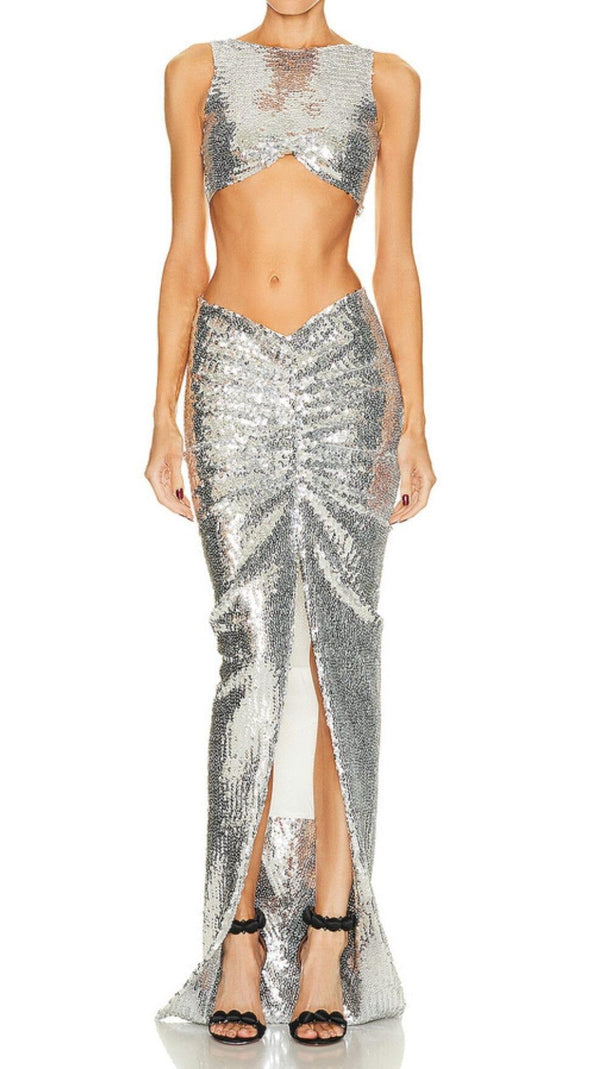 AIIZIE SEQUIN SLIT TWO-PIECE SUIT IN METALLIC SILVER - product image