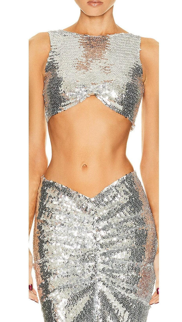 AIIZIE SEQUIN SLIT TWO-PIECE SUIT IN METALLIC SILVER - product image