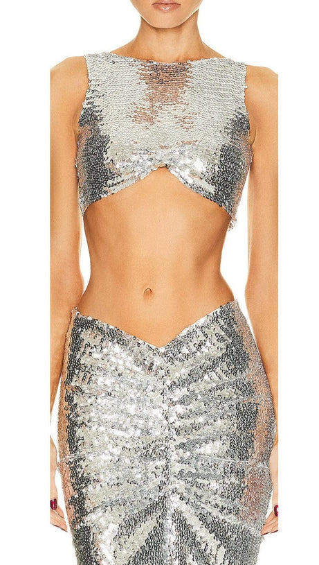 ABITO DUE PEZZI CON SPACCHI DI PAILLETTES IN ARGENTO METALLIZZATO