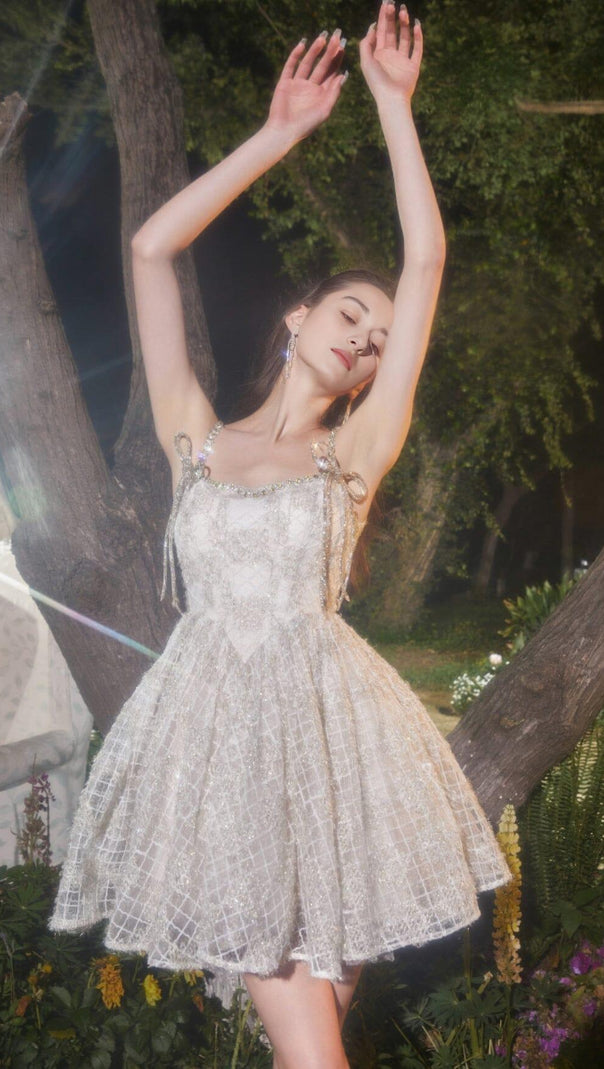 AIIZIE SEQUIN STRAPPY BUBBLE MINI DRESS IN WHITE - product image