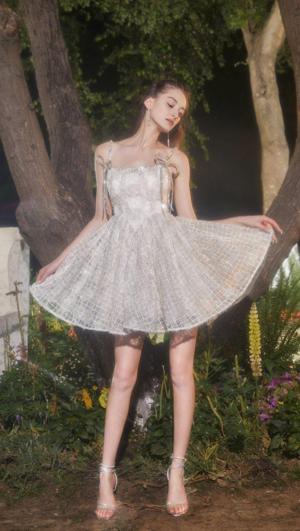 AIIZIE SEQUIN STRAPPY BUBBLE MINI DRESS IN WHITE - product image