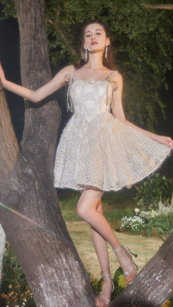 AIIZIE SEQUIN STRAPPY BUBBLE MINI DRESS IN WHITE - product image