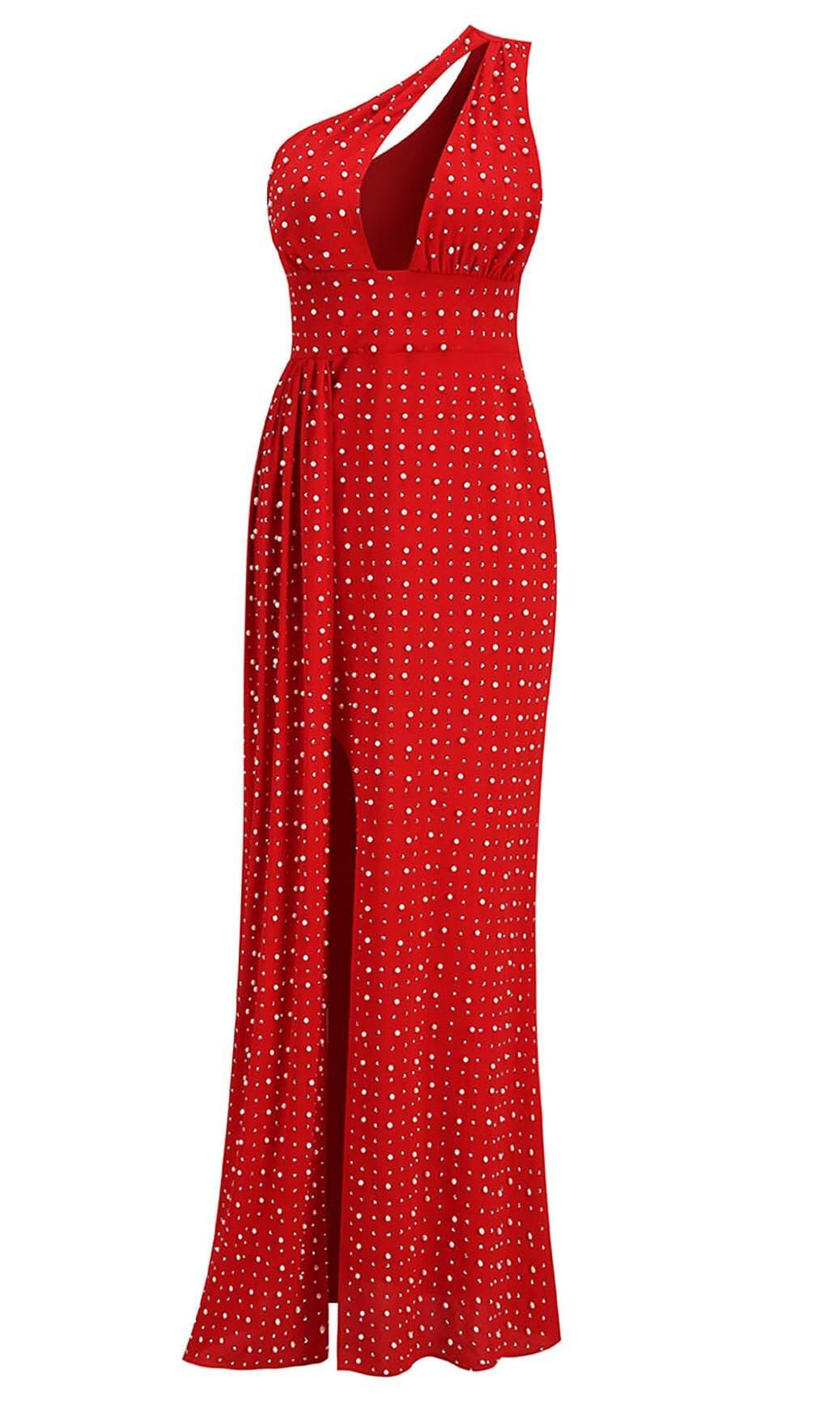 SEQUIN THIGH-SLIT MIDI DRESS IN RED