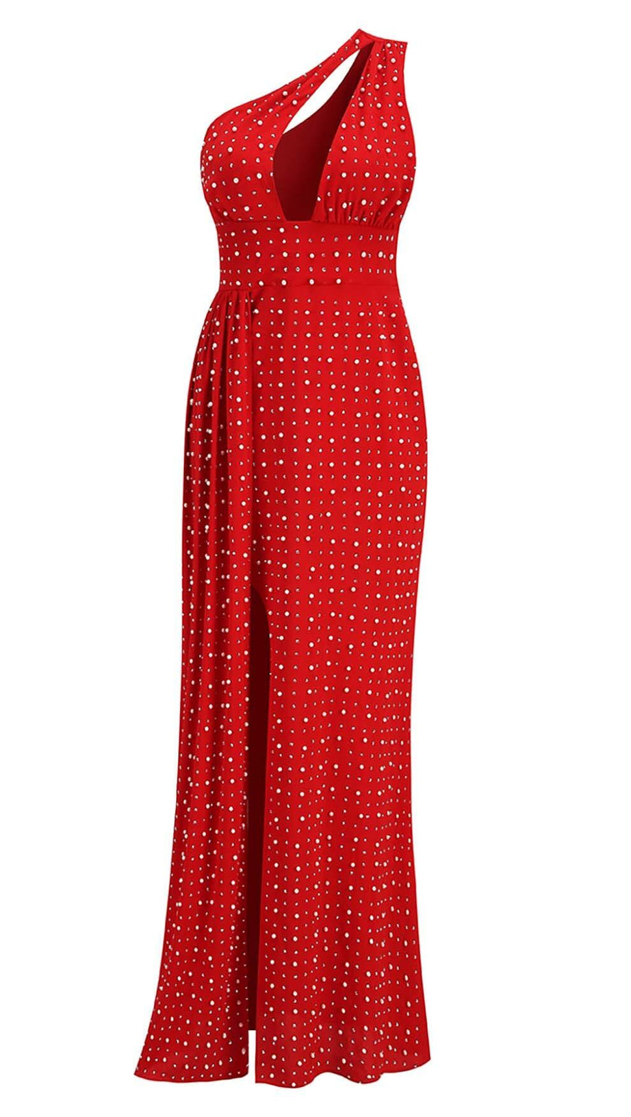 SEQUIN THIGH-SLIT MIDI DRESS IN RED