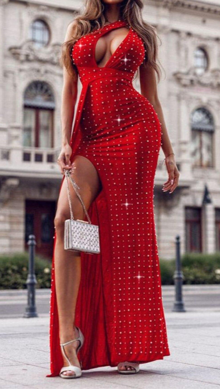 SEQUIN THIGH-SLIT MIDI DRESS IN RED