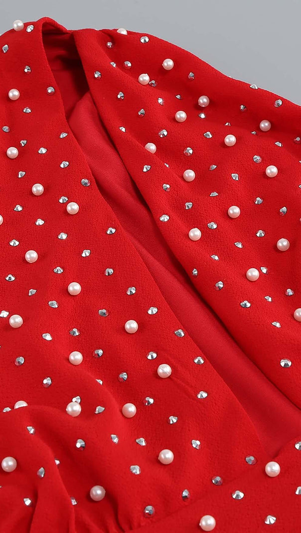 ABITO MIDI CON SPACCO SULLA COSCIA E PAILLETTES ROSSO