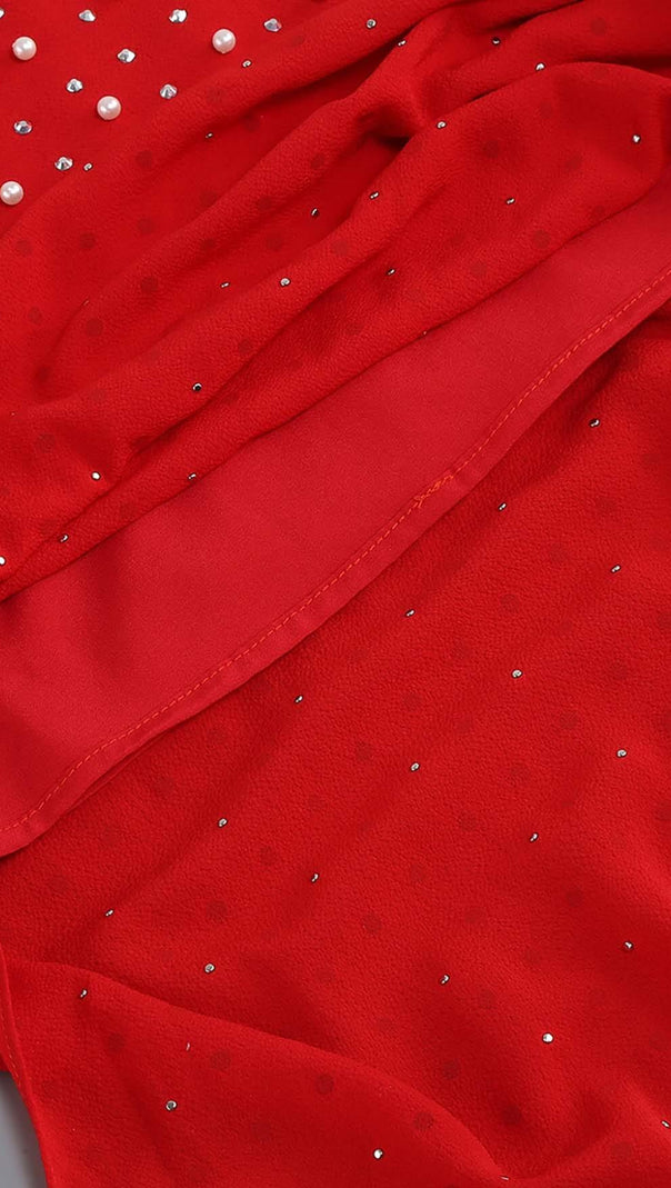 ABITO MIDI CON SPACCO SULLA COSCIA E PAILLETTES ROSSO