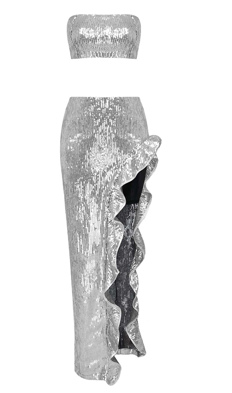 SEQUINED BANDEAU TWO-PIECE SUIT IN SLIVER