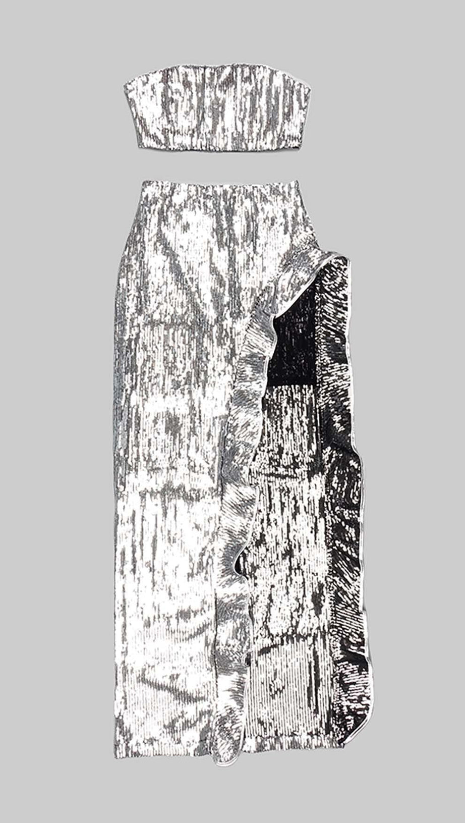 Zweiteiliger Bandeau-Anzug mit Pailletten in Silber