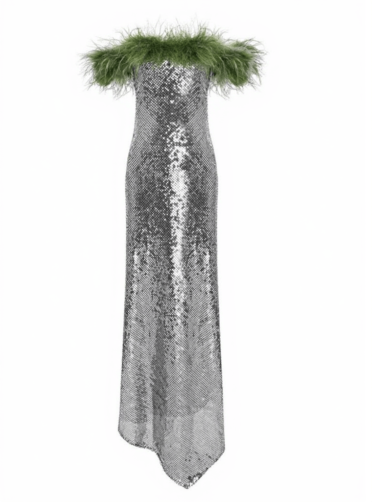 AIIZIE EPHRODITE OFF SHOULDER SEQUIN FEATHER MAXI DRESS - product image