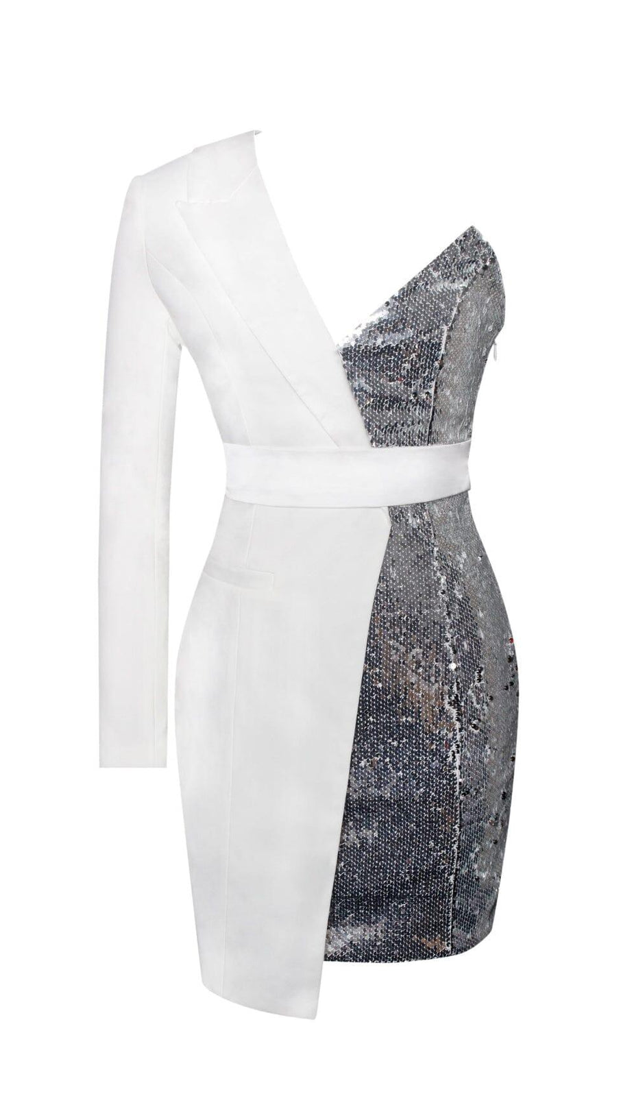 SILVER WHITE ONE SLEEVED SEQUIN CREPE TUXEDO BLAZER DRESS