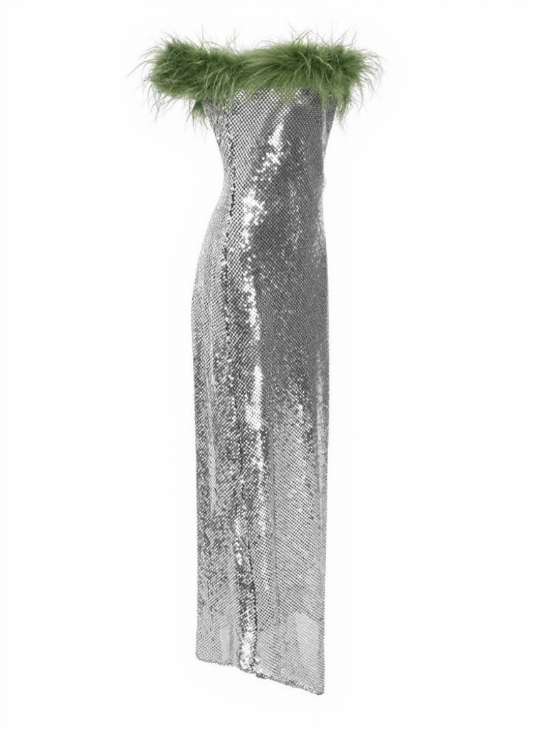 AIIZIE EPHRODITE OFF SHOULDER SEQUIN FEATHER MAXI DRESS - product image