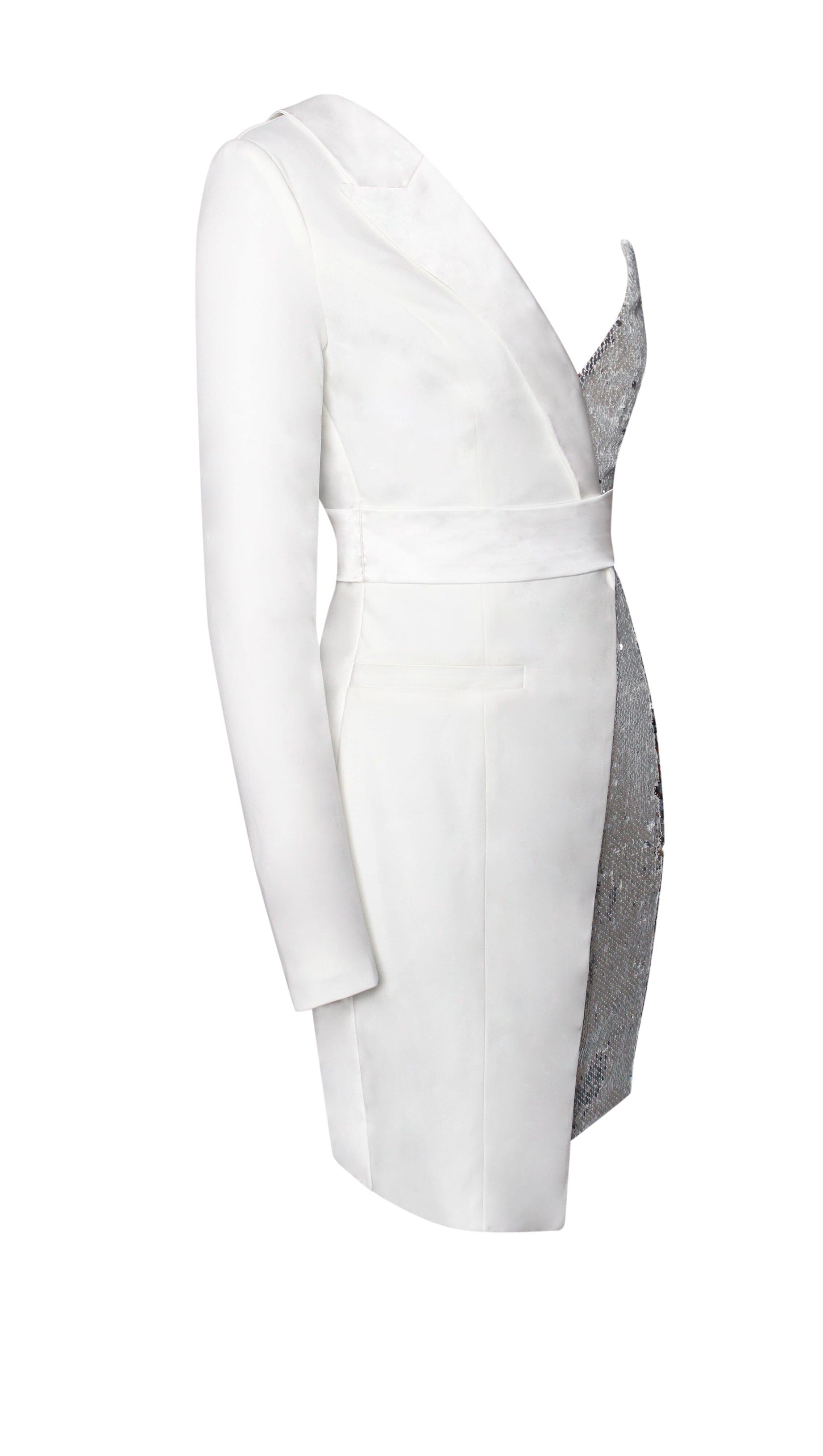 SILVER WHITE ONE SLEEVED SEQUIN CREPE TUXEDO BLAZER DRESS