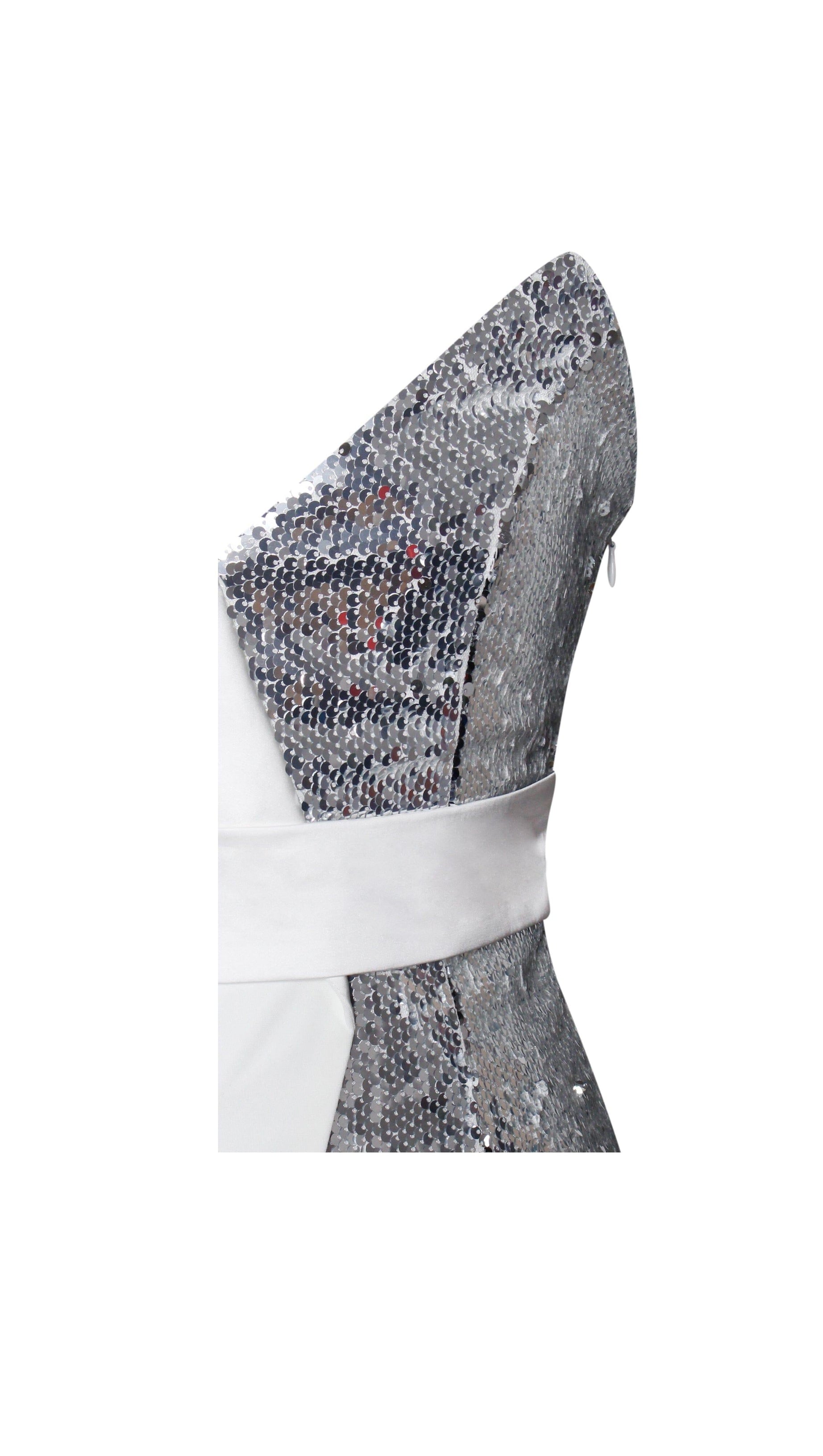 SILVER WHITE ONE SLEEVED SEQUIN CREPE TUXEDO BLAZER DRESS