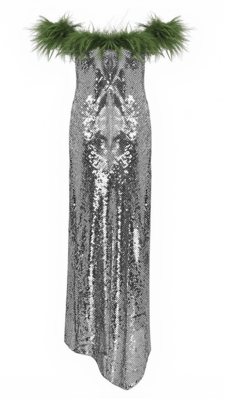 ABITO LUNGO CON PIUME E PAILLETTES E SPALLE SCOPERTE EPHRODITE