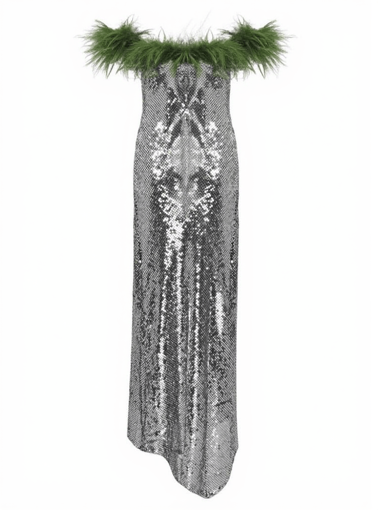 AIIZIE EPHRODITE OFF SHOULDER SEQUIN FEATHER MAXI DRESS - product image