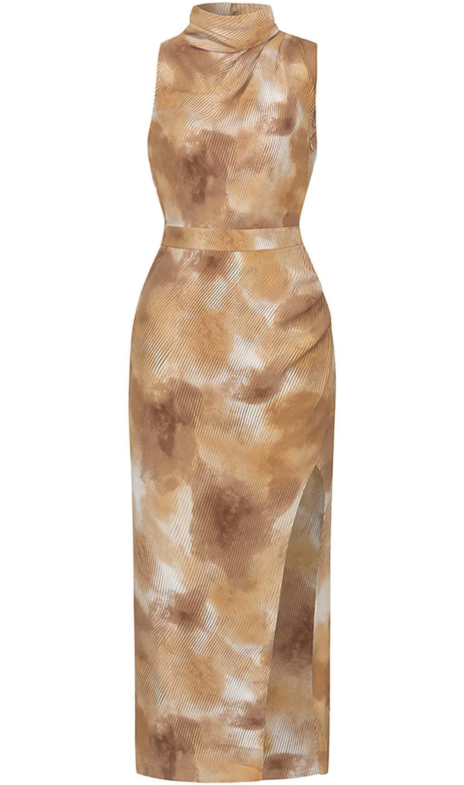 SPOT-PRINT THIGH SLIT MIDI DRESS IN COFFEE BEANS
