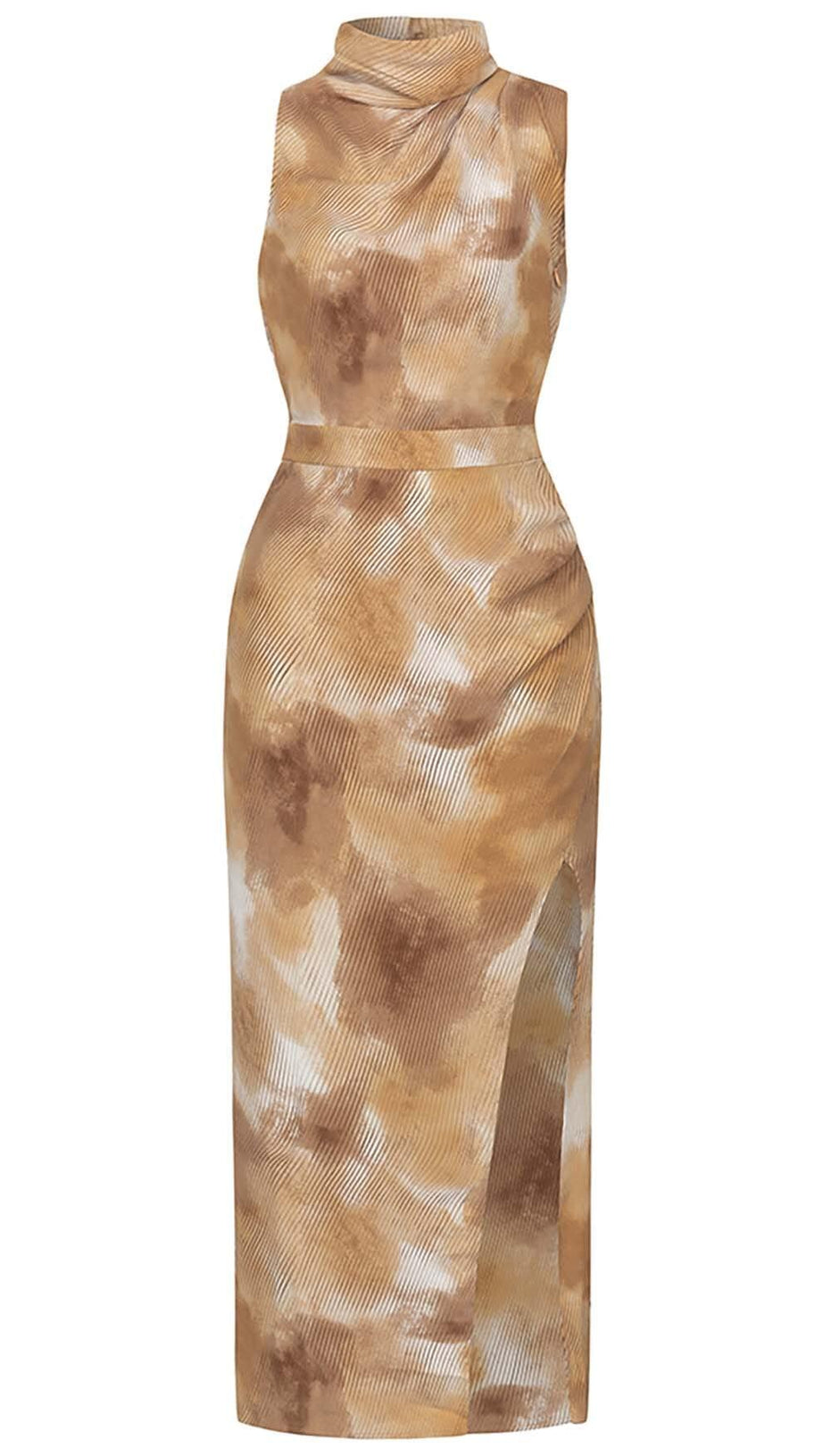 SPOT-PRINT THIGH SLIT MIDI DRESS IN COFFEE BEANS