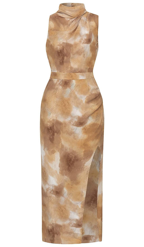 SPOT-PRINT THIGH SLIT MIDI DRESS IN COFFEE BEANS