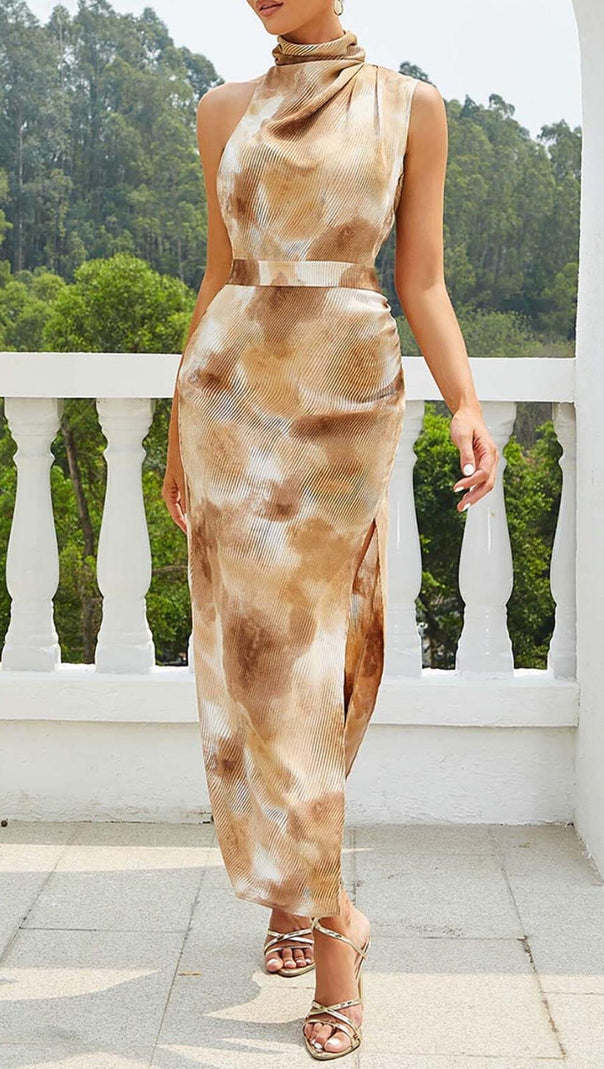 AIIZIE SPOT-PRINT THIGH SLIT MIDI DRESS IN COFFEE BEANS - product image