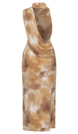 SPOT-PRINT THIGH SLIT MIDI DRESS IN COFFEE BEANS