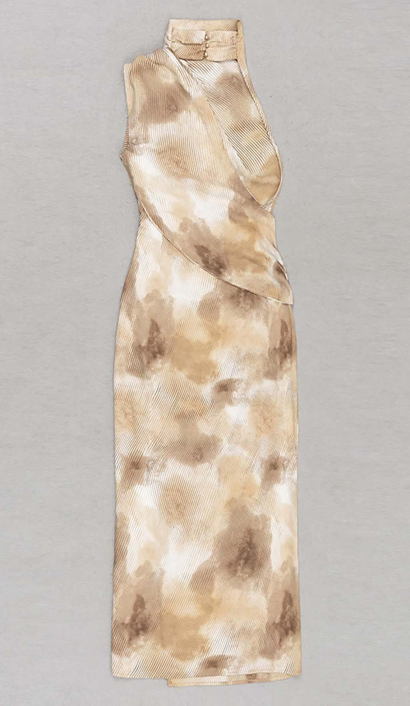 SPOT-PRINT THIGH SLIT MIDI DRESS IN COFFEE BEANS