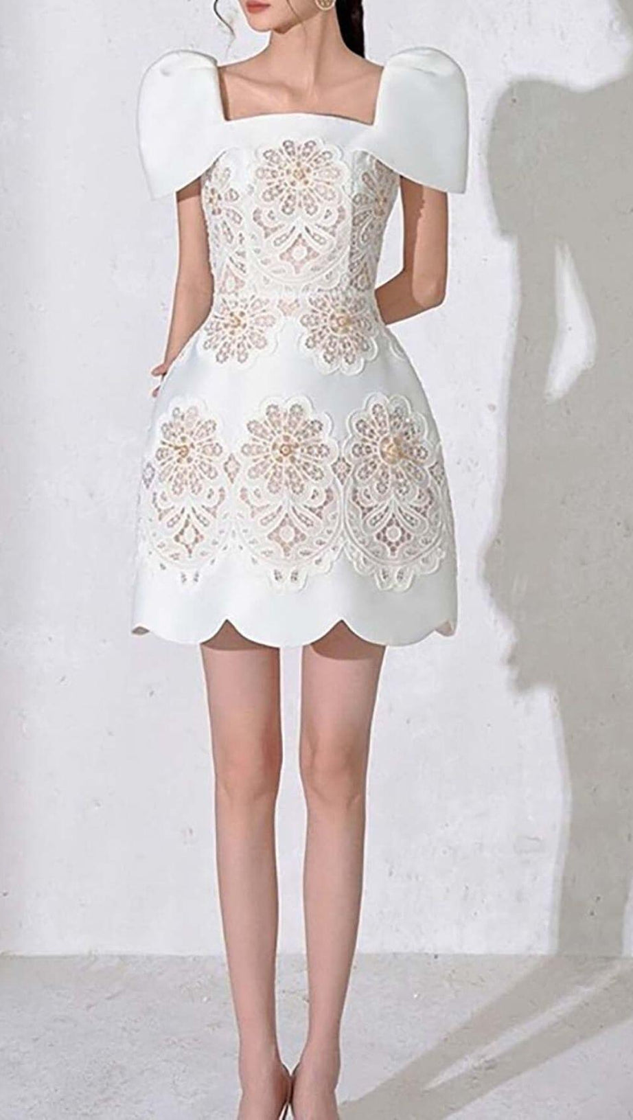 SQUARE COLLAR EMBROIDERED LACE MINI DRESS IN WHITE