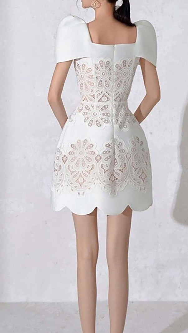 AIIZIE SQUARE COLLAR EMBROIDERED LACE MINI DRESS IN WHITE - product image