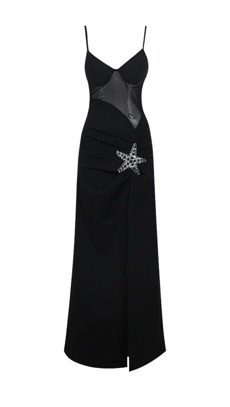 STARFISH EMBELLISHED MESH BODICE MAXI DRESS IN BLACK