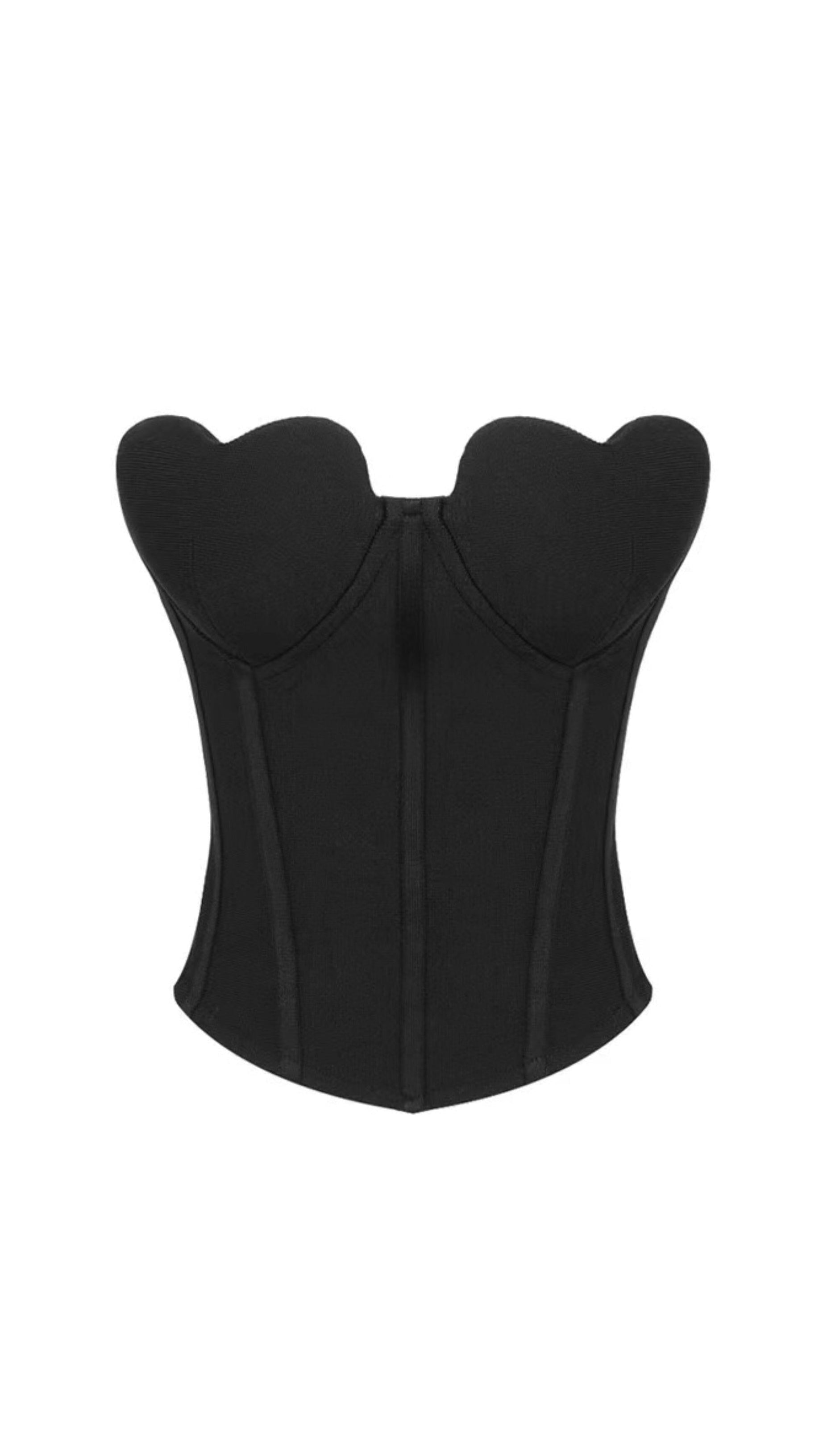 TOP CORTO CON CORSETTO SENZA SPALLINE IN NERO